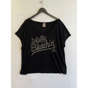Roxy Totally Beachin Graphic Tee Womens XL Black Boxy V-Neck Surf Style‎